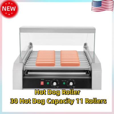 Sausage Grill Cooker W/Cover For Kitchen Canteen 30 Hot Dog Capacity 11 Rollers