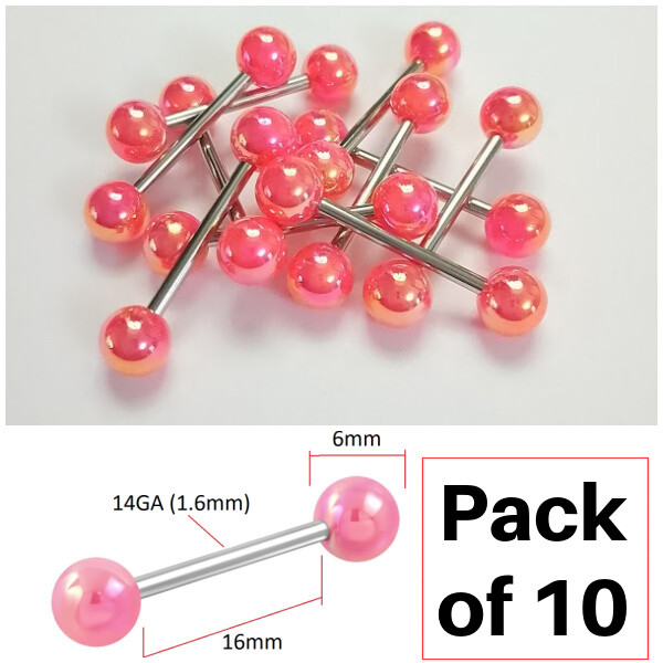Pack of 10 | 16mm 14GA Bars | Pink Metallic Coated Balls | Nipple Piercings