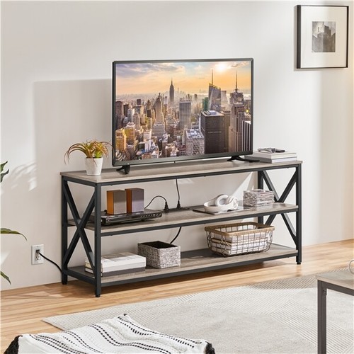With Power Outlets, Industrial Tv Console 3 Tier Shelves For 65 Inch Tv