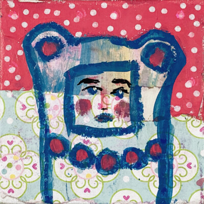 Mini Bear Painting Mixed Media Collage Animal Art Naive Outsider Art 