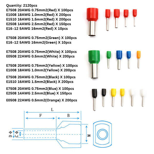 2120PCS Electrical Wire Connectors Cord Pin End Bootlace Ferrule Crimp Terminals