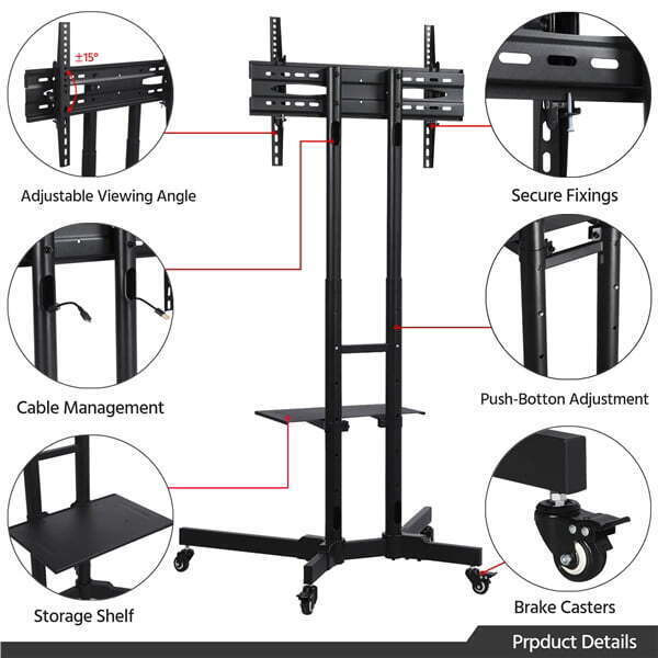 Rolling TV Stand Cart for Flat Panel TVs up to 75'' with Shelf Adjustable Black