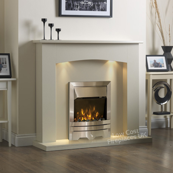 ELECTRIC CREAM SILVER COAL FIRE CURVED SURROUND FIREPLACE SUITE