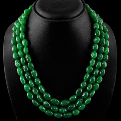SUPERB FINEST 801.55 CTS EARTH MINED 3 LINE GREEN EMERALD OVAL BEADS NECKLACE
