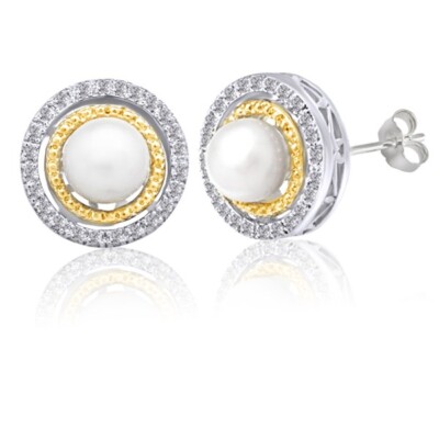 Pearl and 1/8 ct Diamond Stud Earrings in Sterling Silver
