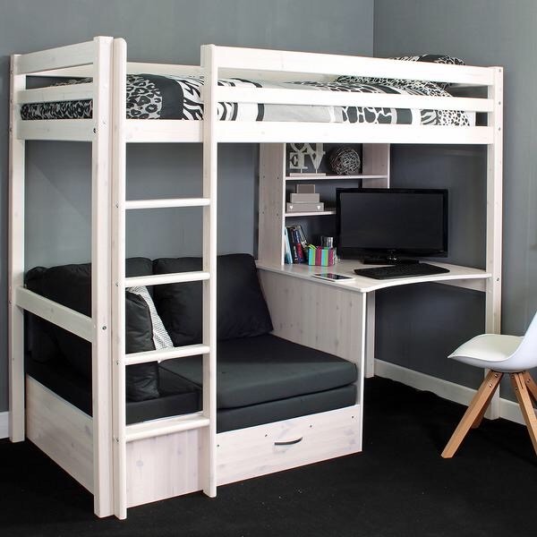 High White Wash Wooden Stompa Captains Bed With Black Futon And