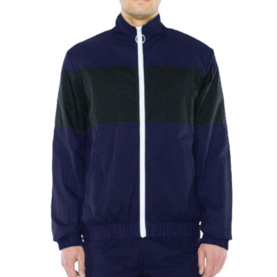 1985 Nylon Windbreaker Jacket 80's Style Men's Fabric Lined Track Coat Navy - XL