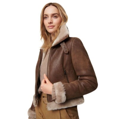 Women s Brown B3 Aviator Bomber Jacket   Real Sheepskin Shearling Leather Jacket