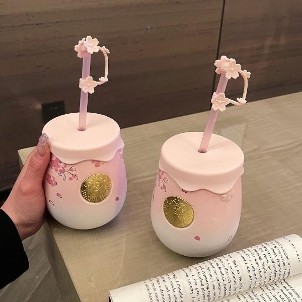Mellifluous Pink Starbucks New Ceramic Cherry Blossom Cup Cute Straw Stopper Mug