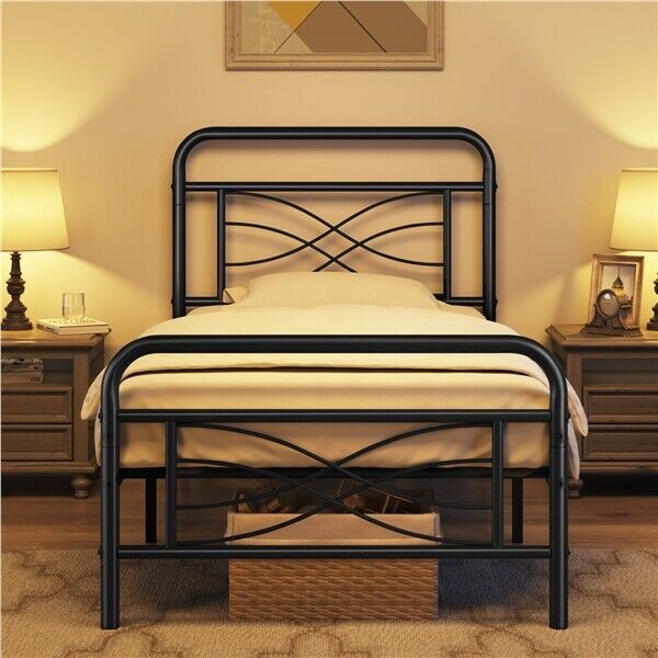 Metal Platform Bed With Headboard Footboard Black