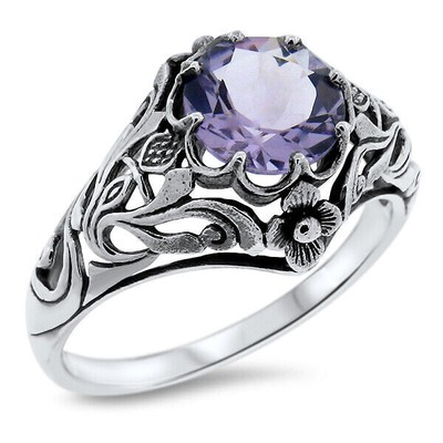ART NOUVEAU STYLE GENUINE AMETHYST SCOTTISH THISTLE 925 STERLING SILVER RING 567