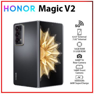 (New&Unlocked) HONOR Magic V2 5G 16GB+512GB BLACK Dual SIM Android Cell Phone