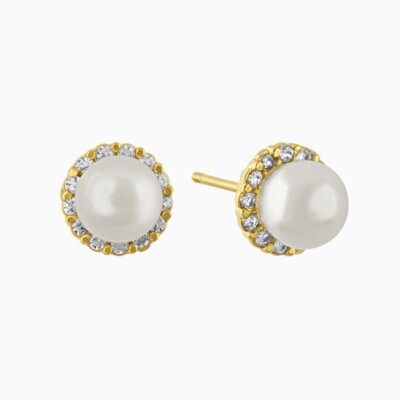10K Yellow Gold Fresh Water Pearl & CZ Halo Stud Earring