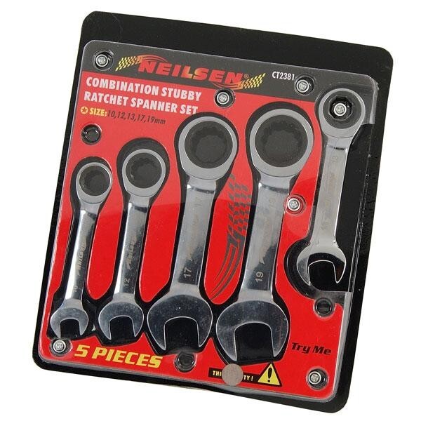 5 Piece Head Stubby Ratchet Spanner Set Chrome Vandium Short P381