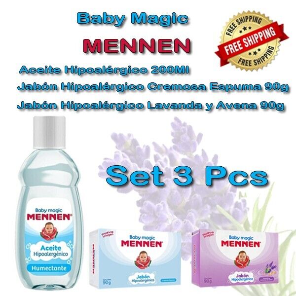 Set of 3 Pcs MENNEN Baby Magic  Aceite Para Bebés, Jabón Espumosa &Jabón lavanda