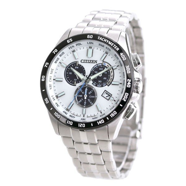 Pre-owned Citizen Collection Cb5874-90a Eco-drive Chronograph Atomic Radio Watch White