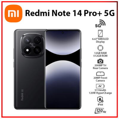 (New) Redmi Note 14 Pro+ Plus 5G 12GB+512GB BLACK Dual SIM Android Cell Phone