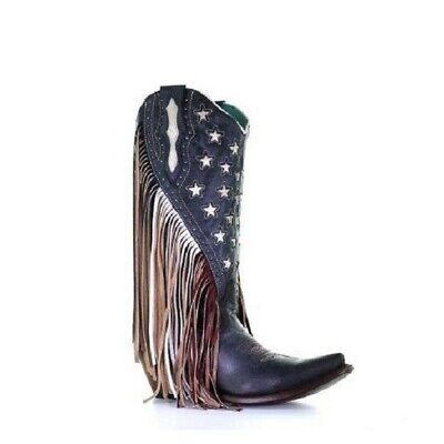 Pre-owned Corral Boots Corral Ladies Navy Blue Lamb Stars Inlay & Studs & Fringe Boots C3749