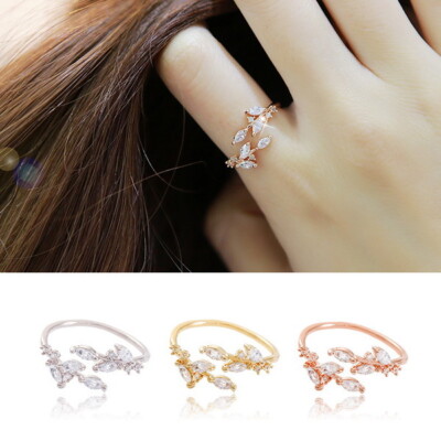 Cute Leaf 925 Silver Filled,Gold Adjustable Rings Women Cubic Zirconia Jewelry