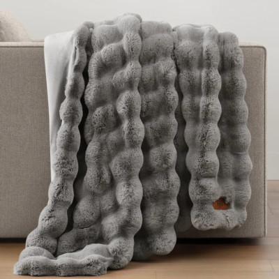 FRYE Luxe Faux Fur Throw, 60 x 70  Beige Gray Brown Polyester Faux Fur Throw
