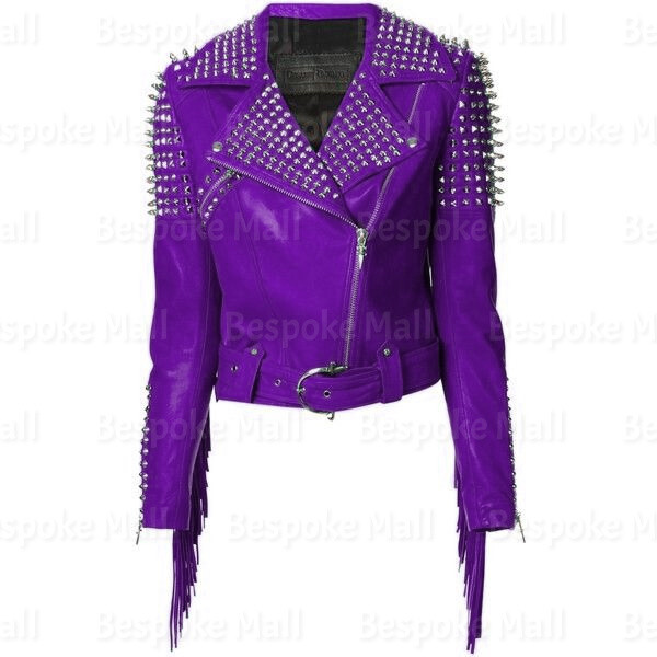 Pre-owned &jacket Women's Purple Classical Leather Jacket Spiked Silver Studded & Fringe-784