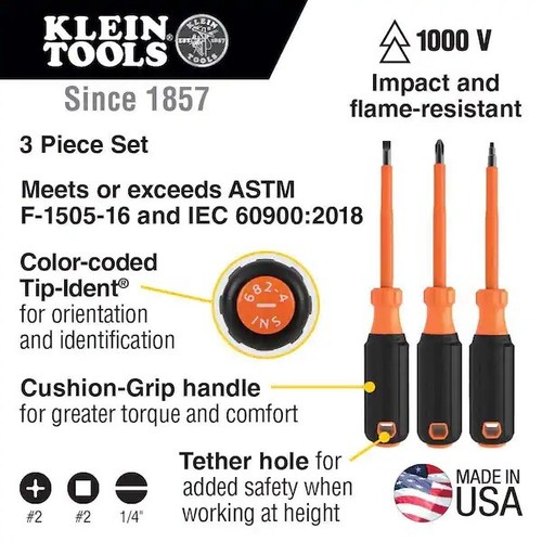 Klein Tools Screwdriver Set, 1000-Volt Insulated, (3-Piece) 85073INS