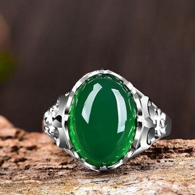 Big Green Stone Crystal Vintage Ring for Womens Fashion Jewelry Silver Rings