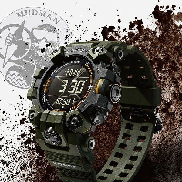 Pre-owned Casio G-shock Gw-9500-3jf Master Of Mudman Triple Sensor Khaki Men's Watch