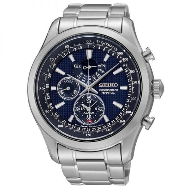 Pre-owned Seiko Chronograph Spc125p1 Perpetual Calendar Quartz Watch Blue Dial Steel 7t86