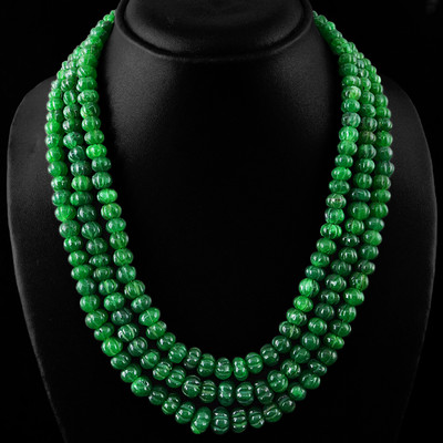 MARVELLOUS AMAZING 701.10 CTS EARTH MINED 3 LINE GREEN EMERALD BEADS NECKLACE