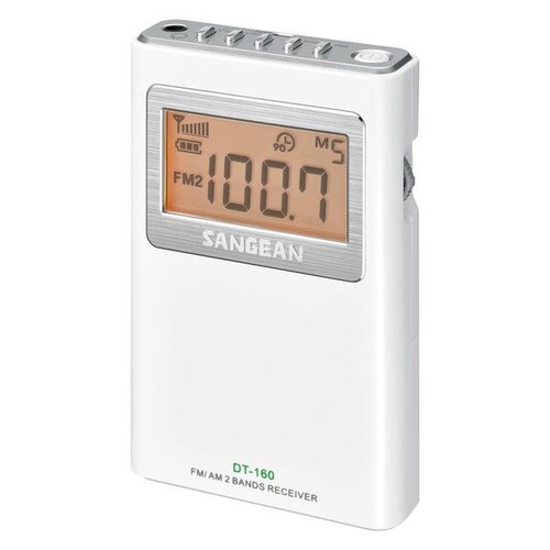 Sangean DT-160 AM/FM-Стерео Карманный цифровой радиоприемник с часами и наушниками, Белый,