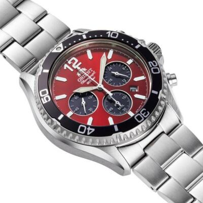 Pre-owned Orient Mako Rn-tx0207r Panda Sport Red Dial Solar Analog Chronograph Men Watch