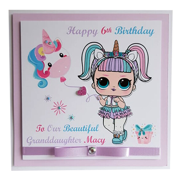 PERSONALISED UNICORN LOL DOLL BIRTHDAY CARD Name & Age Colourful Childrens Girls