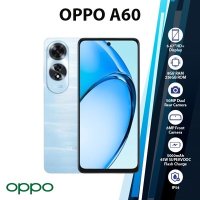 OPPO A60 Android Cell Phone (Global Ver./Blue/8GB+256GB/Dual SIM/Unlocked)