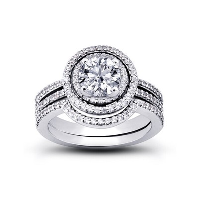 1.85ct G-SI2 Round Earth Mined Certified Diamonds 18k  Halo Engagement Ring Set