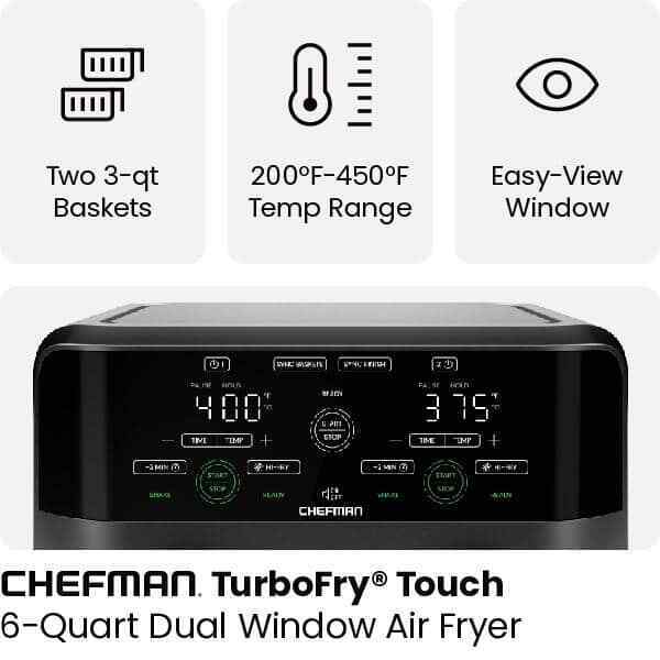 6 qt. Black Double Basket Air Fryer with Capacitive Touch Control, and Windows