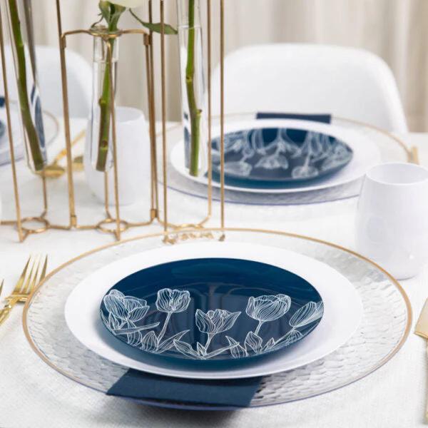 VeZee Combo Mint Green | Navy & WhiteTulip Round Plastic Dinnerware Set 7&9 Inch