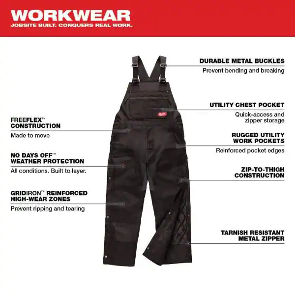 Milwaukee 261B Gridiron Black Zip-to Thigh Bib Overall Various Sizes and Lengths