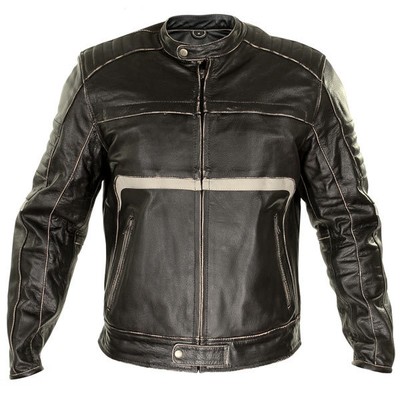mens armored dark brown leather motorcycle jacket beige stripes