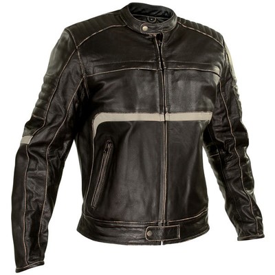 mens armored dark brown leather motorcycle jacket beige stripes