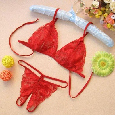 New Lady Lace Lingerie Babydoll Bra Open Crotch GString Underwear Sleepwear Red