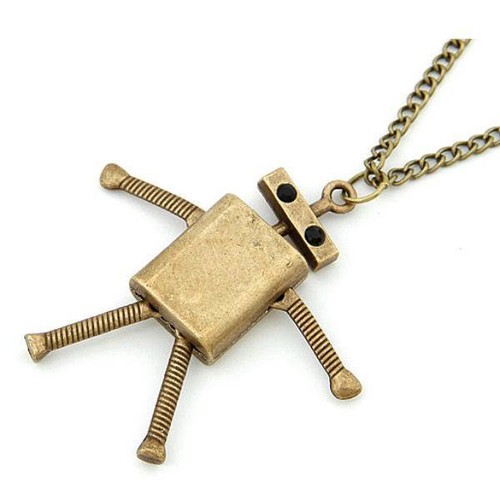 ROBOT CHARM NECKLACE 2.5" Pendant 28" Chain Antique Bronze Color Metal Cute NEW