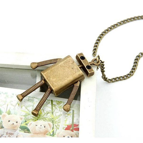 ROBOT CHARM NECKLACE 2.5" Pendant 28" Chain Antique Bronze Color Metal Cute NEW