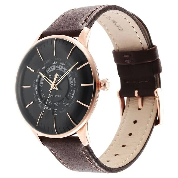 Pre-owned Titan Black Dial World Time With Date Stainless Steel Strap Watch For Men