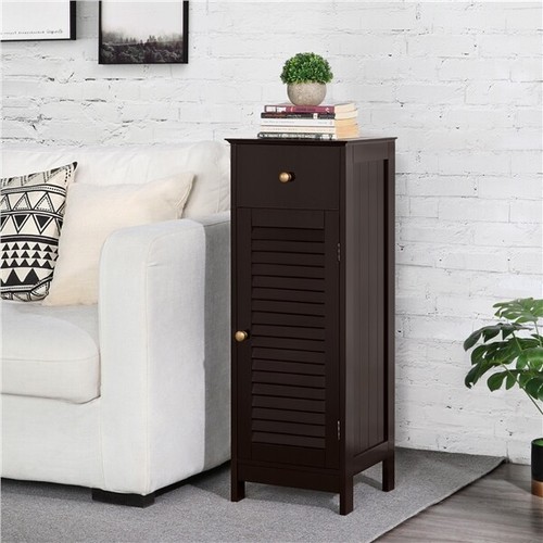 Wood Bathroom Floor Cabinet Storage Organizer Free Standing with Drawer and Door