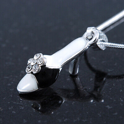 Small Crystal, Black Enamel High Heel Shoe Pendant With Silver Tone Snake Chain