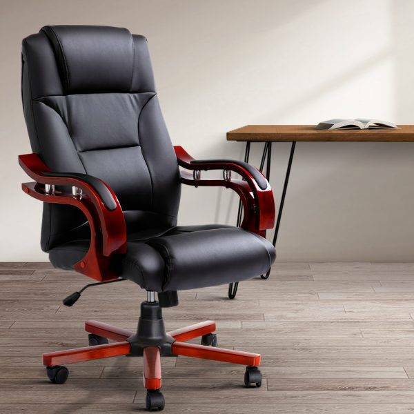 Executive Wooden Office Chair Wood Computer Chairs Leather Seat