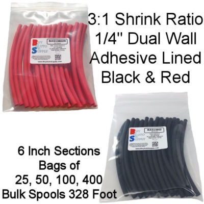 3:1 Heat Shrink Tubing Adhesive Lined Dual Wall - 1/4'' Black & Red - 6'' Sections
