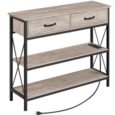 Console Table with Charging Station Sofa Table with Power Outlet 2-Drawers Gray