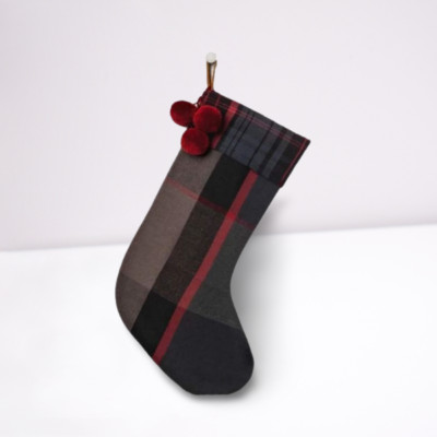 Hearth & Hand By Magnolia Christmas Plaid Holiday Stocking Black Gray Red Poms